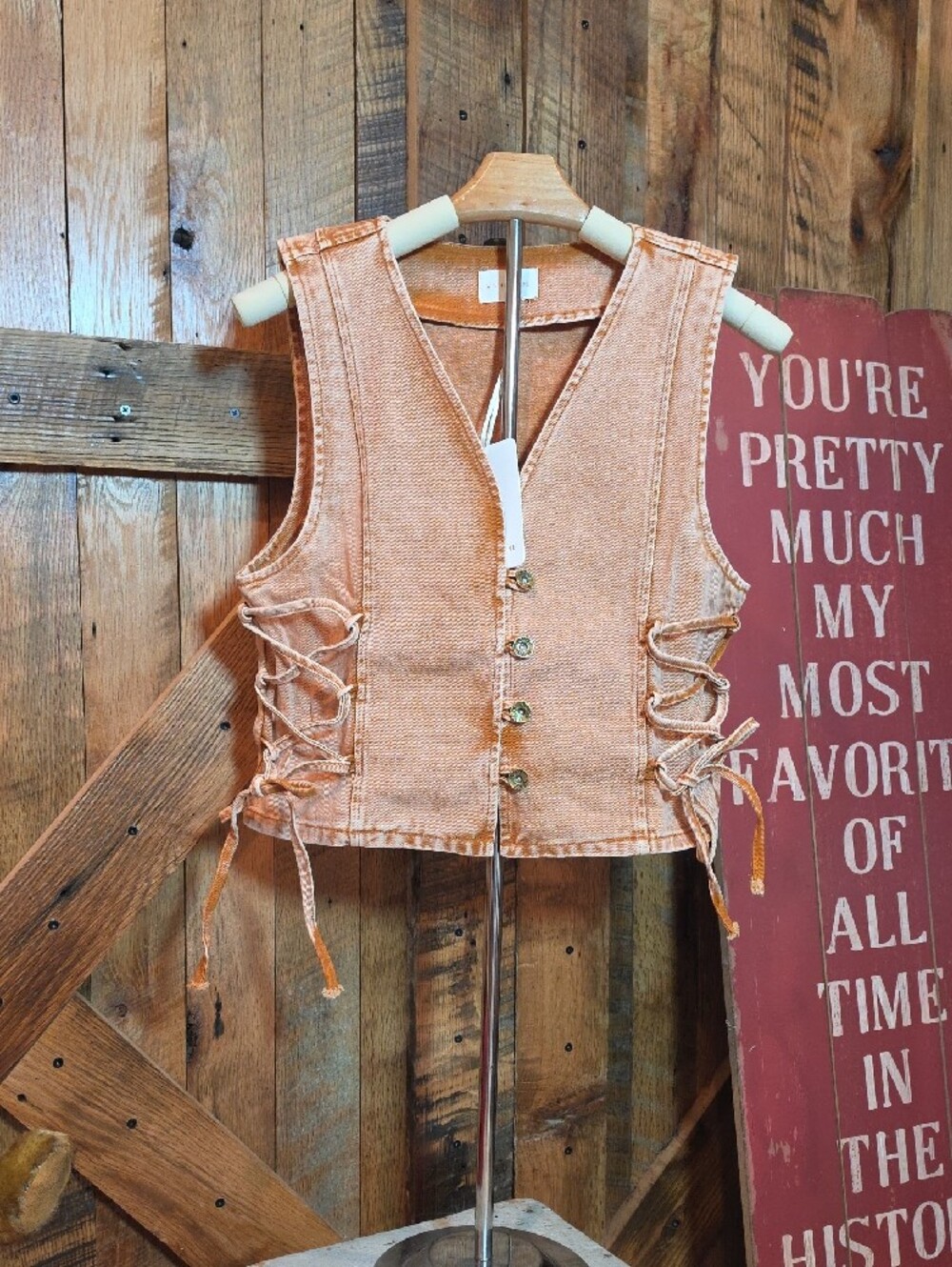 193p Washed Rust Sleeveless Lace-Up Button Vest - Picture 2 of 11
